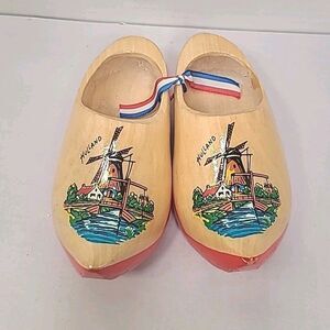 Vintage Dutch Wooden Small Shoes Clogs Holland Carved Hand Painted Windmill Wood